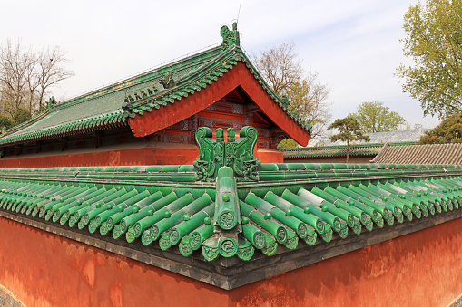 Beijing, China - April 6, 2019: Chinese classical glazed tile architecture landscape in Ditan Park, Beijing, China