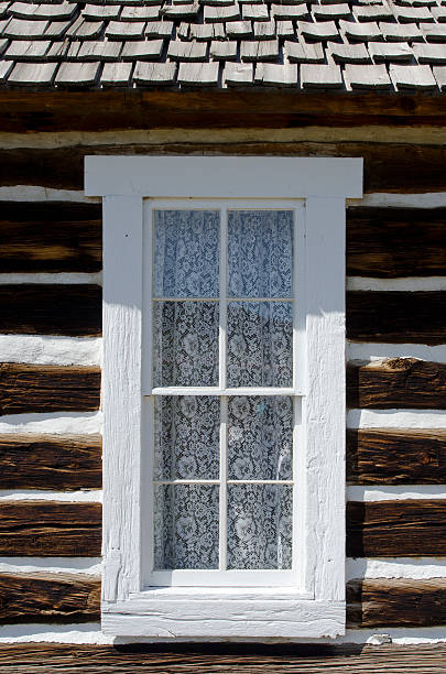 istock Old Log Cabin Window and Lace Curtains 187588690