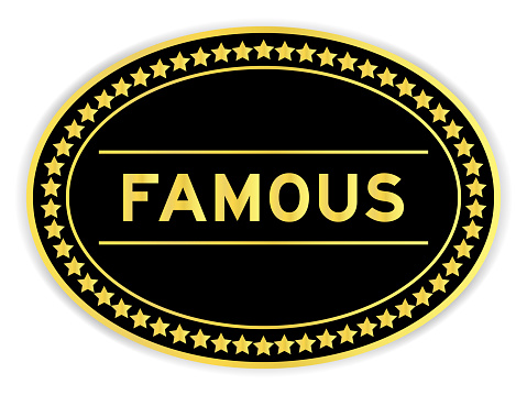 Black and gold color oval label sticker with word famous on white background