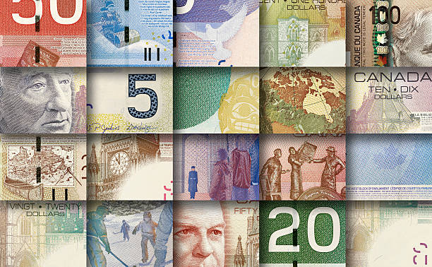 mosaico fatto da pezzi di banconote in dollari canadesi - banconota di dollaro canadese foto e immagini stock