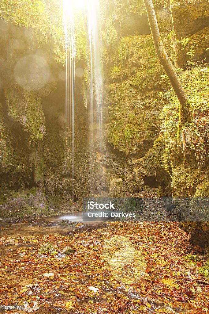 Autumn waterfall Wide Angle long exposure capture Forest foliage onto a waterfall in the hills. Autumn Stock Photo