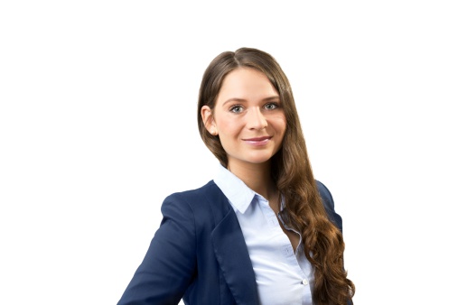Close up of a attraktive young european woman with long brwon hair in business clothes on a white background