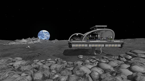 Modern House on the moon with earth A modern house on the moon surface with rising earth. An astronaut is standing on the platform and scientific exploration stock pictures, royalty-free photos & images