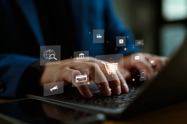 istock Customer, client, buyer, Shopper using computer laptop to input order with trolley credit card delivery truck online shopping and e-commerce technology concept. Internet, online, market, solution. 1875946501