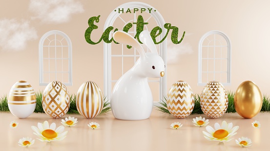 3d rendering illustration easter day and podium realistic rabbit bunny with gold easter egg elements and flower with grass decorations.