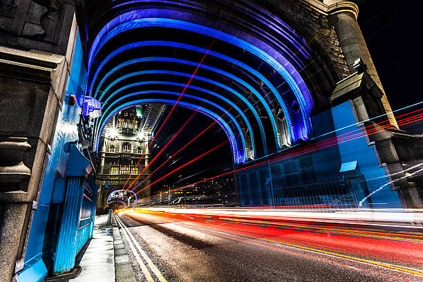 Motion Blurred Traffic Lights at Night, Tower Bridge, London, England http://bimphoto.com/BANERY/Architecture%20&%20Interior.jpg tower bridge london england bridge europe stock pictures, royalty-free photos & images