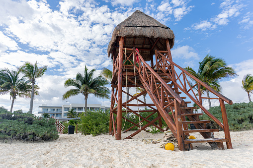 Wooden lifeguard tower on the tropical beach