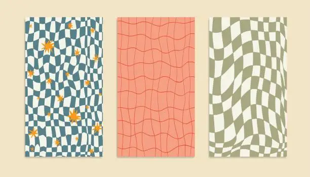 Vector illustration of Abstract groovy aesthetic backgrounds. Checkerboard or pool  hippie illustrations. Y2k aesthetic. Vector texture.