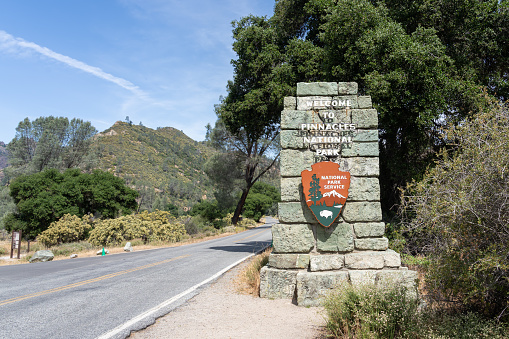 Welcome sign of Pinnacles National Park in California, USA, June 9, 2023. Pinnacles National Park is an American national park protecting a mountainous area located east of the Salinas Valley.