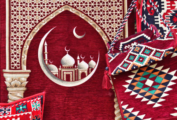 Classical medieval ottoman design on red colorful turkish carpet, pillow and bags. Istanbul, Turkey