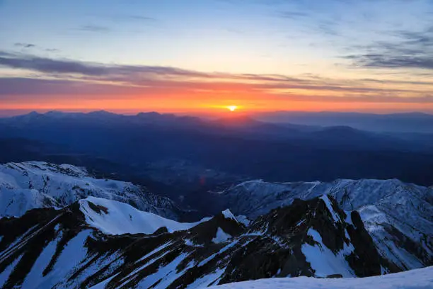 Sunrise seen from Tomi Ridge in the Northern Alps in Japan