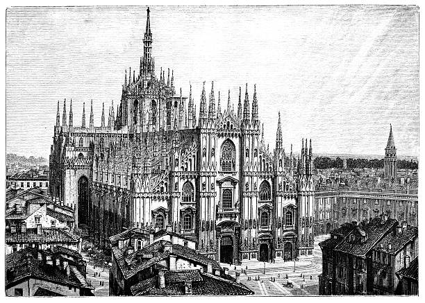 istock 19th century engraving of Milan Cathedral, Italy 187597233