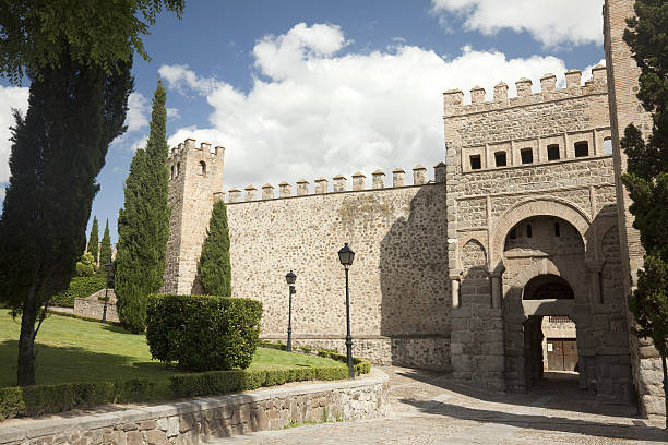 View of the outside walls and gardens of historic Toledo city in Spain