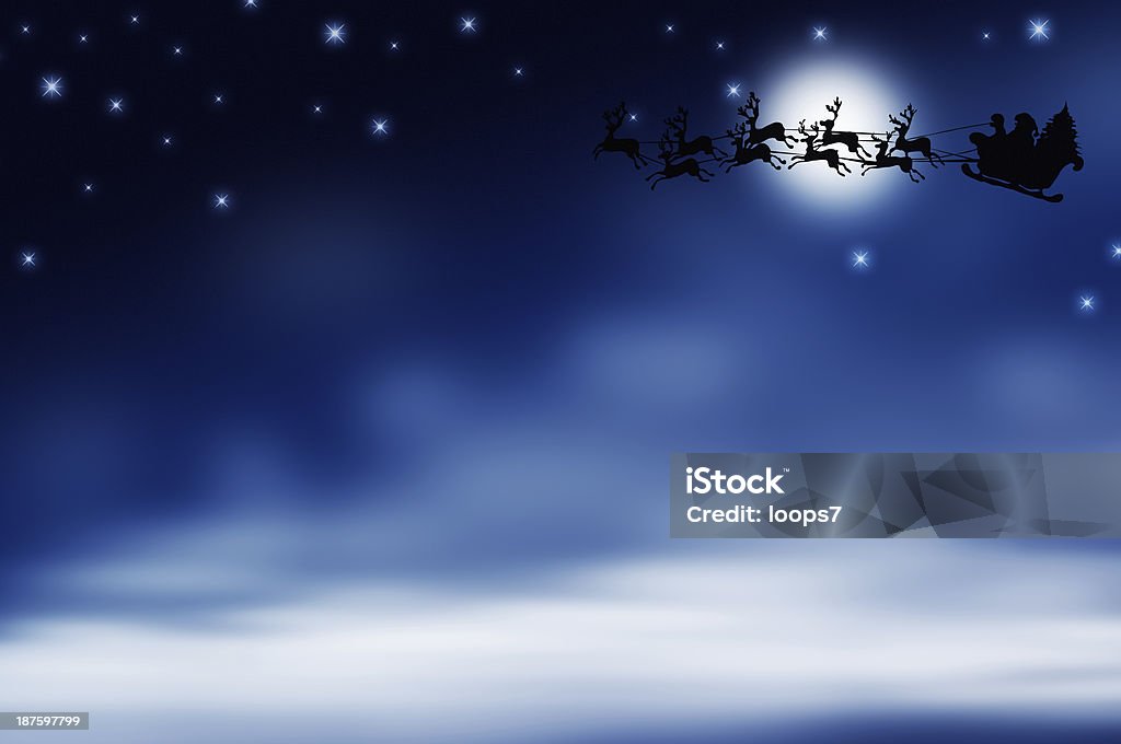 Christmas night Santa flying in his sleigh against a full moon background with stars Dark Blue Stock Photo