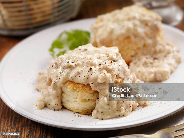 Biscuits And Gravy Stock Photo - Download Image Now - Biscuit - Quick Bread, Gravy, Sausage