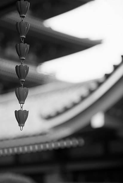 Rain chain cups of copper hanging from rooftop of Buddhist Temple.