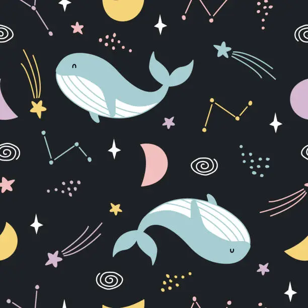 Vector illustration of Nursery seamless Blue whale and space pattern Use for textiles, prints, wallpapers, vector illustration