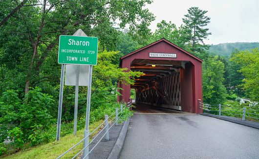 West Cornwall Covered Bridge. also known as Hart Bridge, is a wooden lattice truss bridge over the Housatonic River view from Sharon.