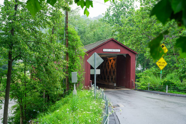 West Cornwall Covered Bridge. also known as Hart Bridge, is a wooden lattice truss bridge over the Housatonic River view from Sharon.