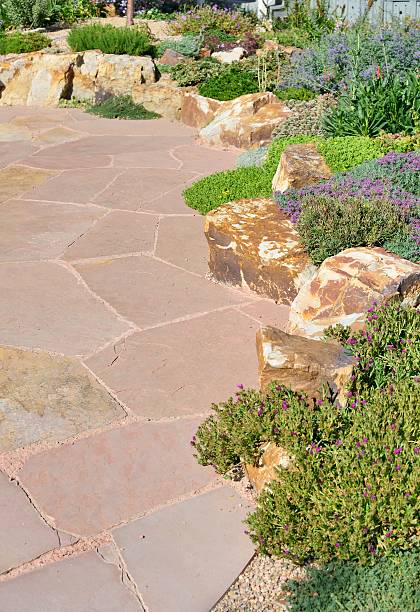 istock landscaped backyard with a paved porch 187608784
