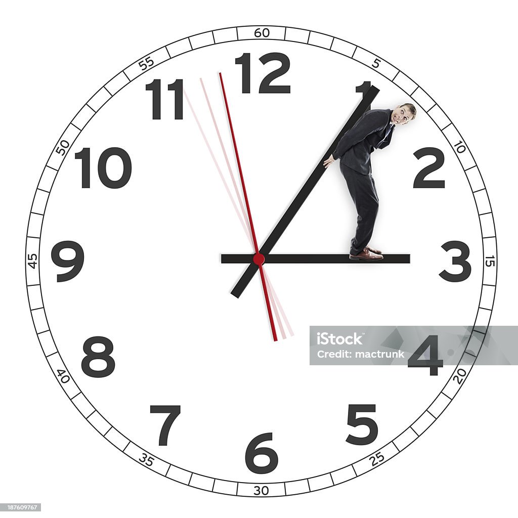 Concept of deadline, pressure Man holding back the time standing in a clock. Concept of deadline. Time ticking away. Back Stock Photo