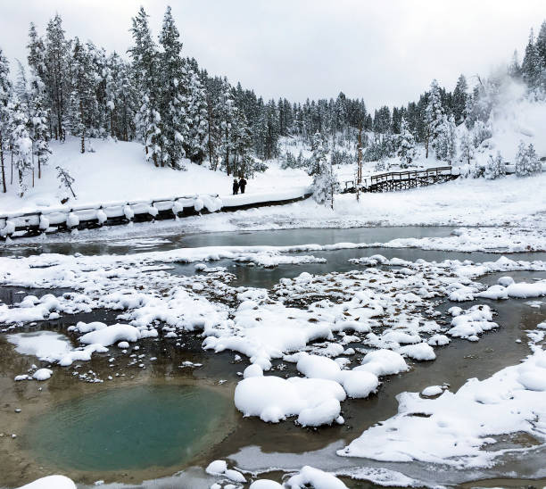 Mammoth Hot Springs in Winter in Yellowstone National Park, Wyoming Montana. Northwest. Yellowstone is a winter wonderland. Geothermal Mammoth Hot Springs in Winter in Yellowstone National Park, Wyoming Montana. Northwest. Yellowstone is a winter wonderland, to watch the wildlife and natural landscape. Geothermal mud volcano yellowstone stock pictures, royalty-free photos & images