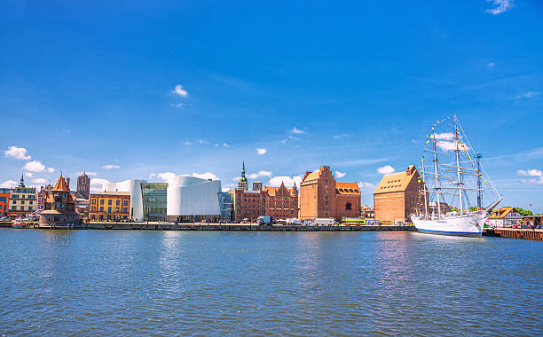 View on the harbour area of the UNESCO world heritage town of Stralsund, located at the German Baltic Sea.