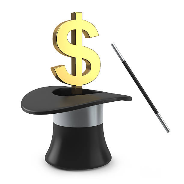 Sign of dollar in a magic hat stock photo