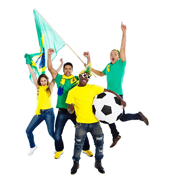 istock Four soccer fans jump for joy 187612422