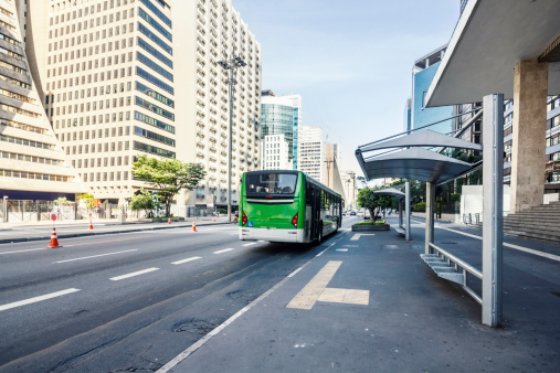 Photo of an empty bus stop at Paulista Avenue, in Sao Paulo city, Brazil