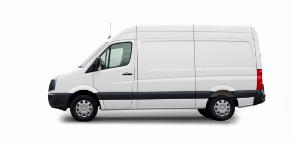 Side view of a white van on white background