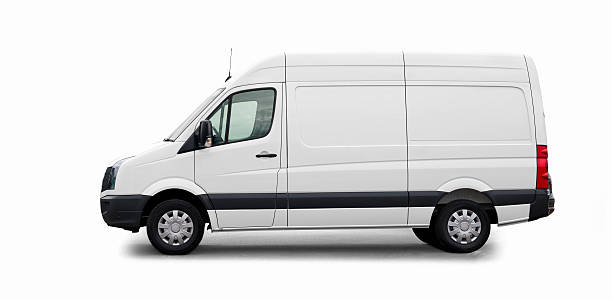 Blank white van sideview - isolated Side view of a white van on white background van stock pictures, royalty-free photos & images