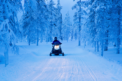 Snowmobile on a trail in a winter forest, photographed at dusk.