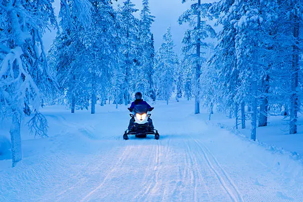 Snowmobile on a trail in a winter forest, photographed at dusk.