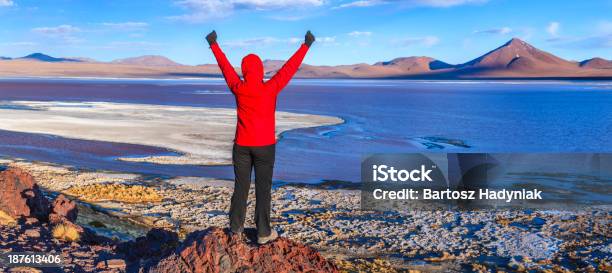 Female Tourist Looking At Laguna Colorada Bolivian Altiplano Stock Photo - Download Image Now