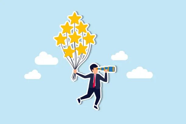 Vector illustration of Evaluation or performance rating, reputation or customer satisfaction review, quality feedback or best service, positive stars rating, businessman flying with stars rating balloon look for future.