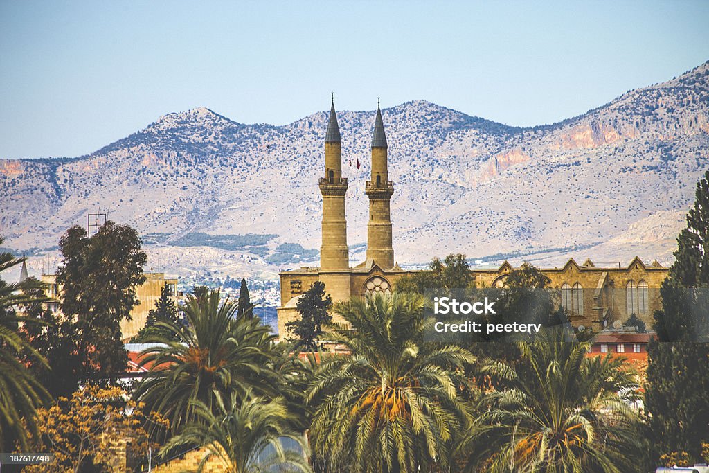 View of Nicosia. View to Nicosia over palm trees, mosque in Turkish side. Nicosia - Cyprus Stock Photo