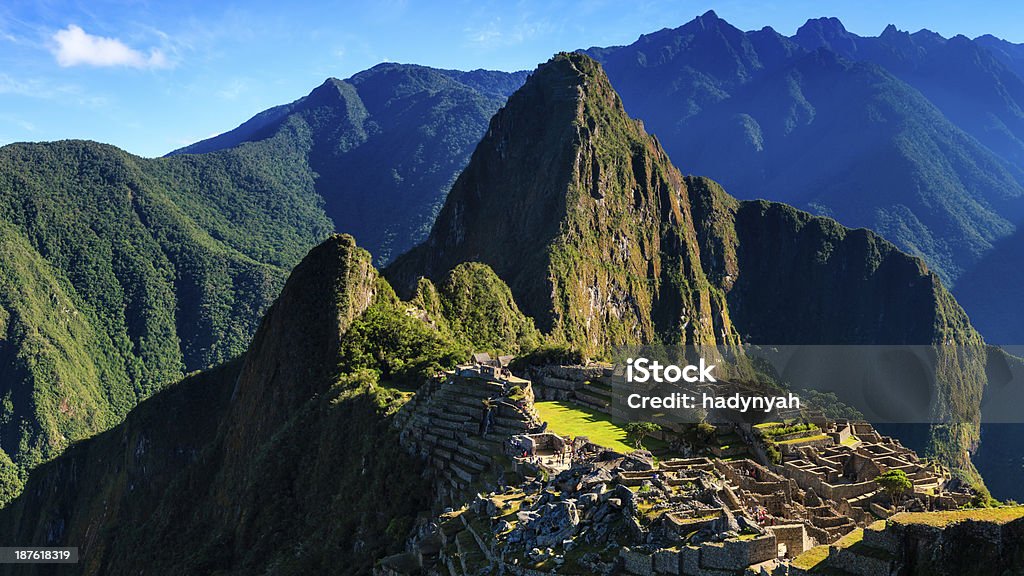 Panoramic view of Machu Picchu Panoramic view of Machu Picchu - (Quechua: Machu Picchu) – "Old Mountain", is a pre-Columbian Inca  site located 2,430 metres (7,970 ft) above sea level. It is situated on a mountain ridge above the Urubamba Valley in Peru, which is 80 kilometres (50 mi) northwest of Cuzco and through which the Urubamba River flows. Most archaeologists believe that Machu Picchu was built as an estate for the Inca emperor Pachacuti  (1438–1472). Often referred to as "The Lost City of the Incas", it is perhaps the most familiar icon of the Inca World. Machu Picchu was declared a Peruvian Historical Sanctuary in 1981 and a UNESCO World Heritage Site in 1983. Since it was not plundered by the Spanish when they conquered the Incas, it is especially important as a cultural site and is considered a sacred place. Adventure Stock Photo