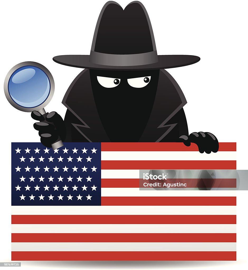 USA Spy Vector illustration of a spy with magnifying glass behind an american flag Magnifying Glass stock vector