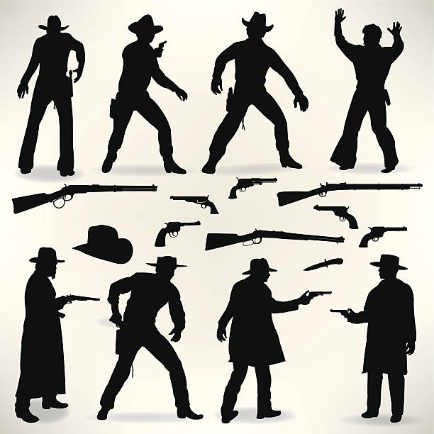 illustrazioni stock, clip art, cartoni animati e icone di tendenza di gunslingers da cowboy occidentale con pistola lotta, outlaws - rifle gun old wild west