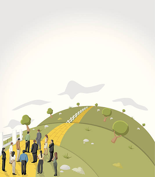 Graphic of a business team looking down a yellow brick road Business people trying to cross a Yellow Brick Road on green hill one point perspective person stock illustrations
