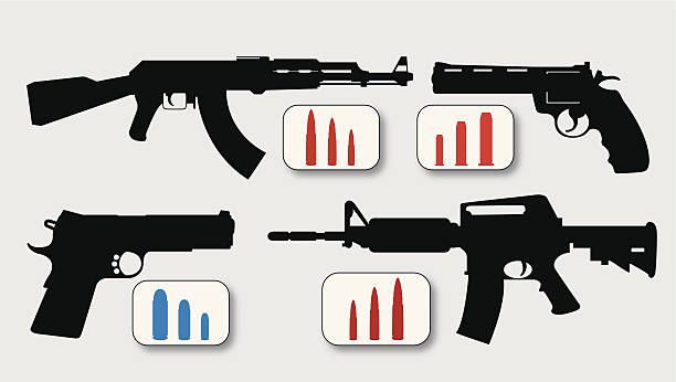 Guns Illustration of several gun rifle and hand gun designs. Designs revolve around the AK-47, AR-15, m16 stock illustrations