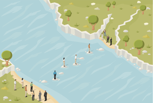 Business people trying to cross a river