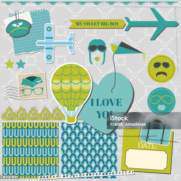 Scrapbook Design Elements Airplane Party Set Stock Illustration - Download Image Now - Airplane, Boys, Child