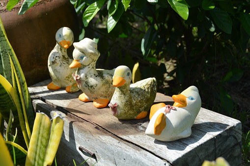 4 of ducks ceramic figure decorated in the garden.