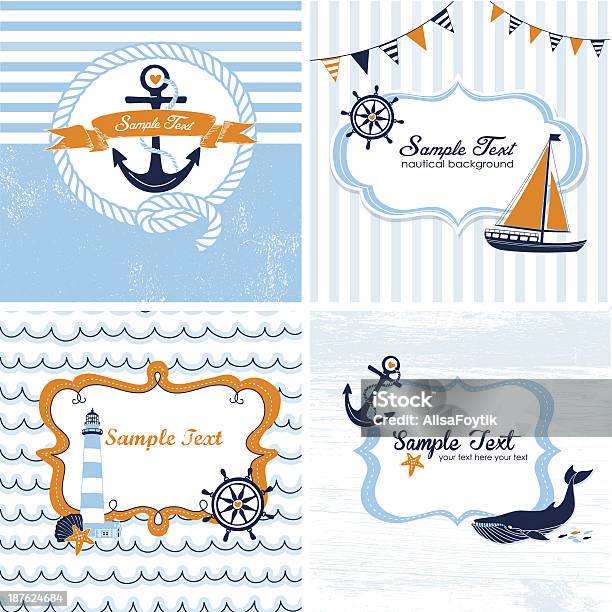 Four Nautical Themed Cards In Shades Of Blue And Orange Stock Illustration - Download Image Now