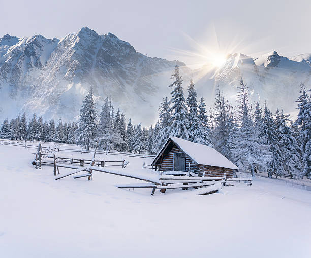 vecchia fattoria in montagna. - hut winter snow mountain foto e immagini stock