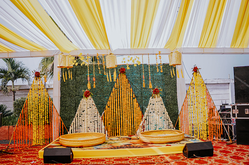 A decorated stage for Haldi ceremony