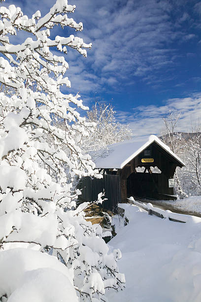 Covered bridged blanketed in fresh snow.