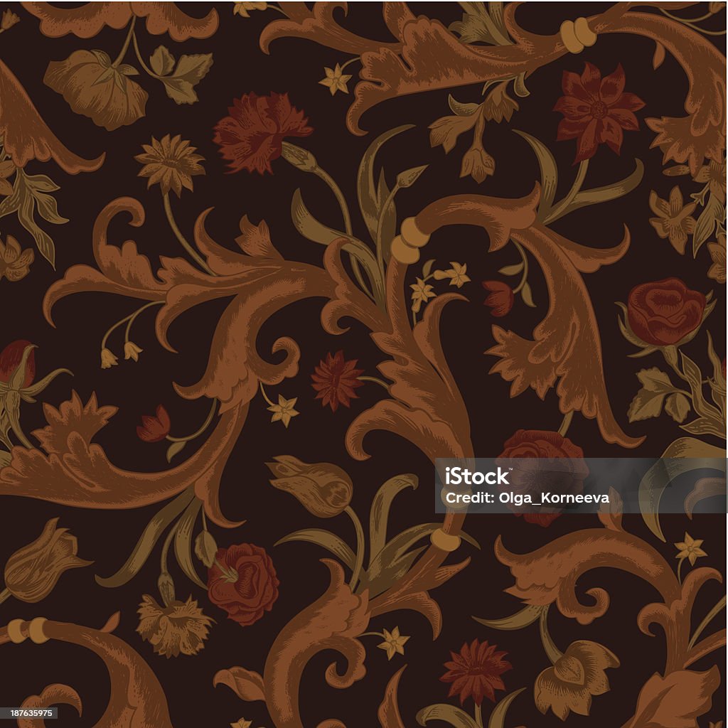 Seamless vector dark vintage floral pattern in baroque Seamless vector dark vintage floral pattern in baroque style. Swirls and roses, carnations, tulips. In brown tones. Autumn stock vector